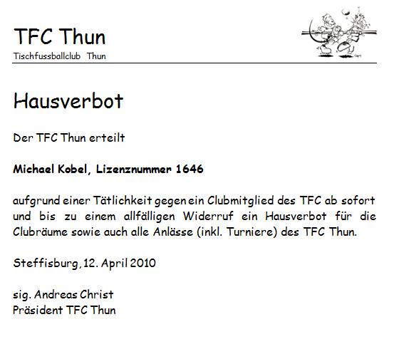 Hausverbot Kobel Tfc Thun